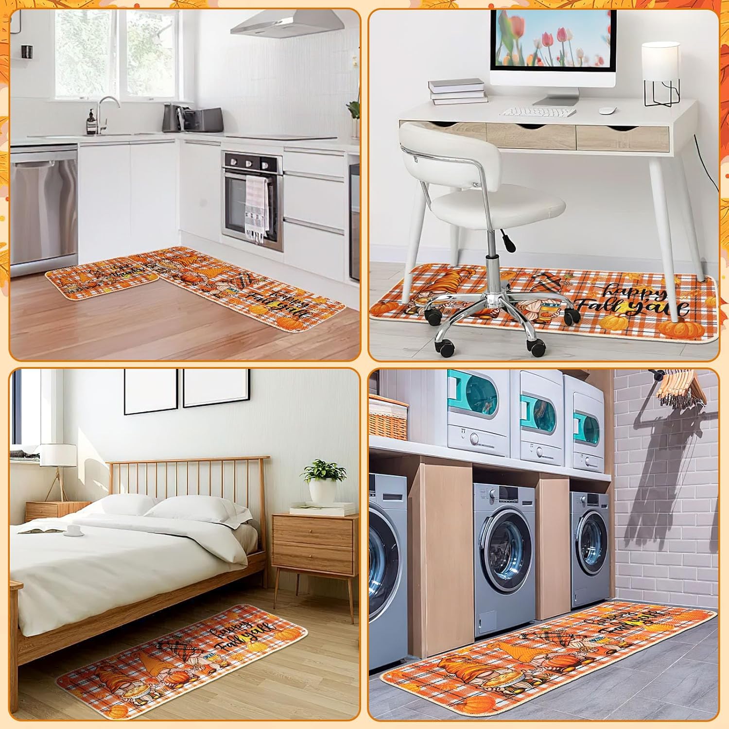 Fall Kitchen Rug Set with Pumpkin and Gnome Design