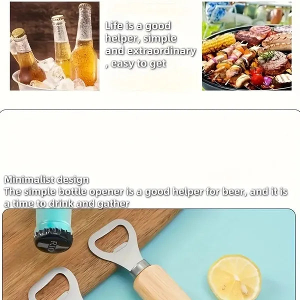 Stainless Steel Beer Capper Wooden Handle Bottle Opener Tool