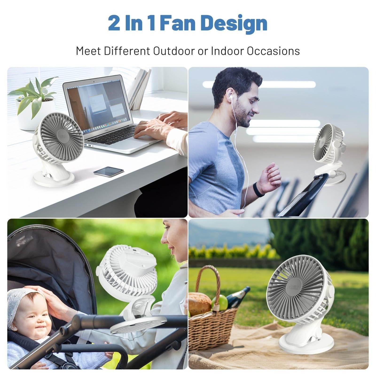 Ultra Quiet Clip On Fan 360 Rotation USB Rechargeable Portable