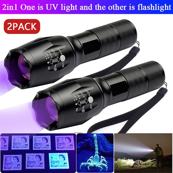2 in 1 UV Flashlight LED Inspection Torch Adjustable Focus 2 Pack