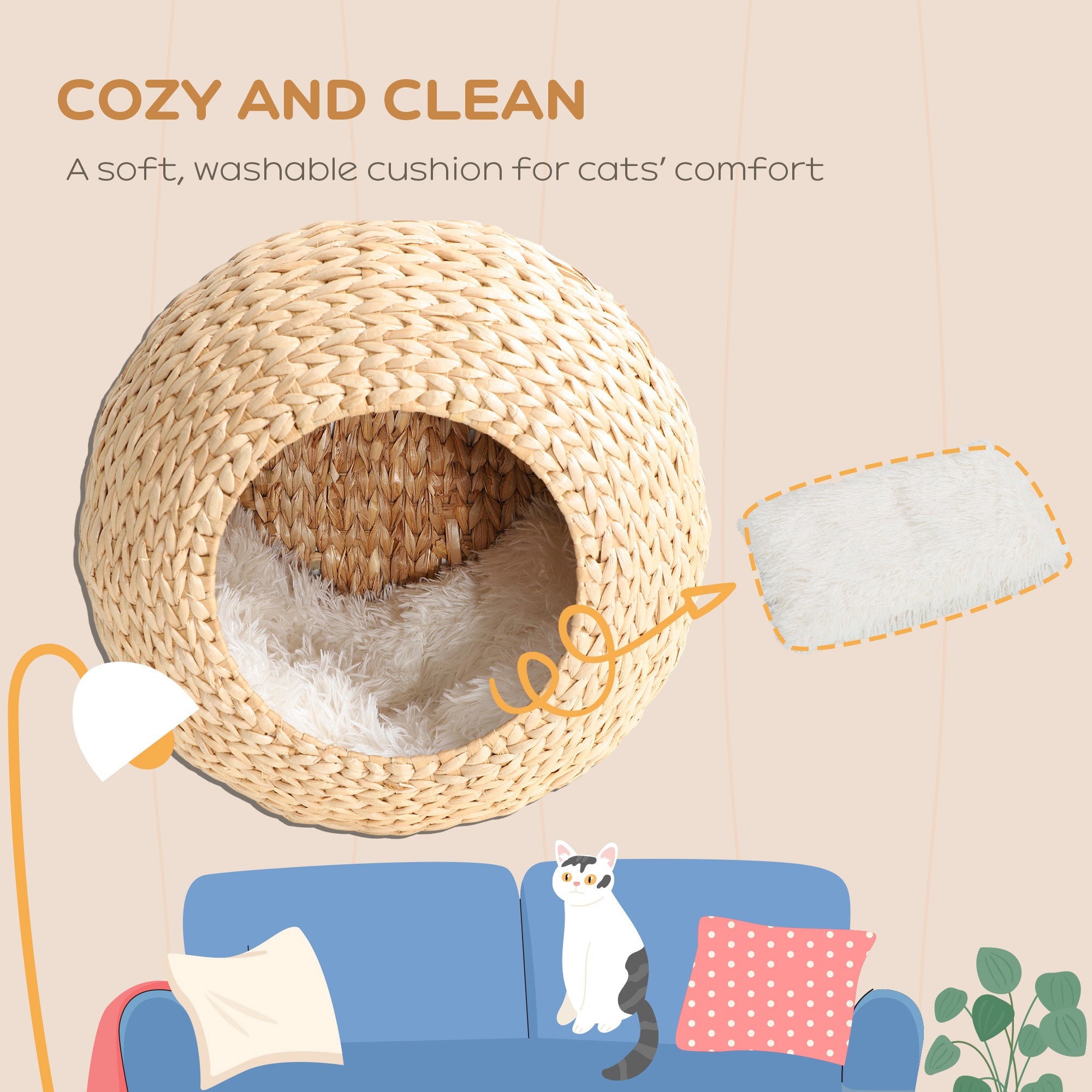 Wall Mounted Cat Condo with Washable Cushion – Natural Wood Floating Cat Bed