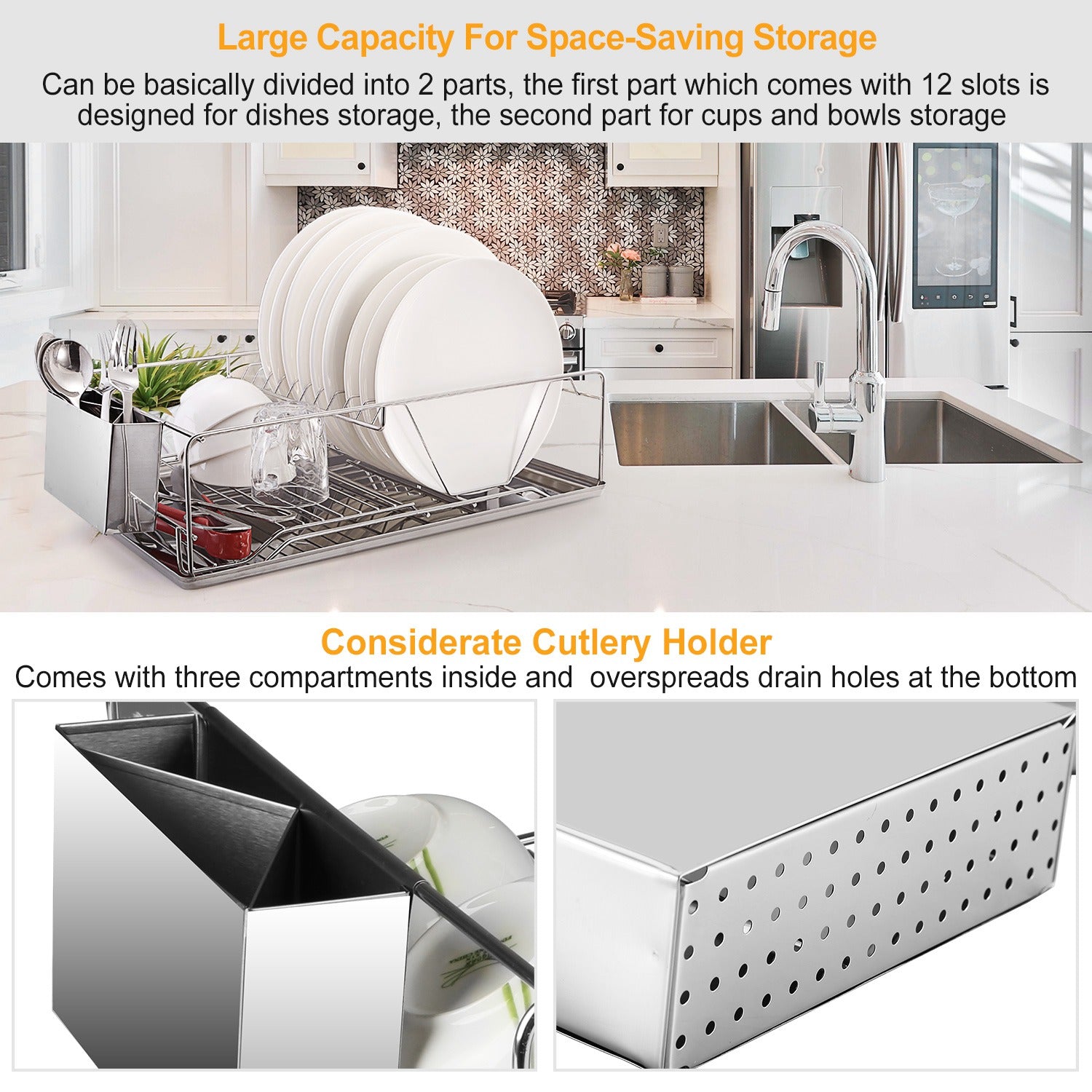 Stainless Steel Dish Drying Rack with Drainboard Cutlery Holder