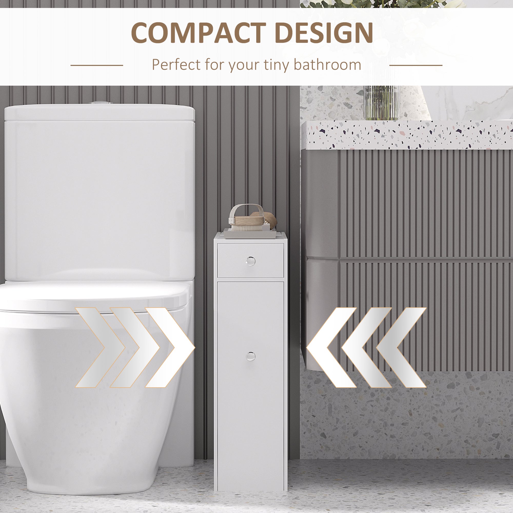 Narrow Bathroom Floor Organizer Cabinet with Drawers White