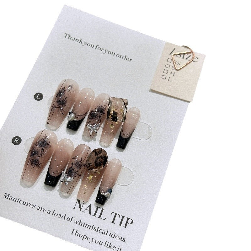 Handmade Long Camellia Girl Press On Nail Tips