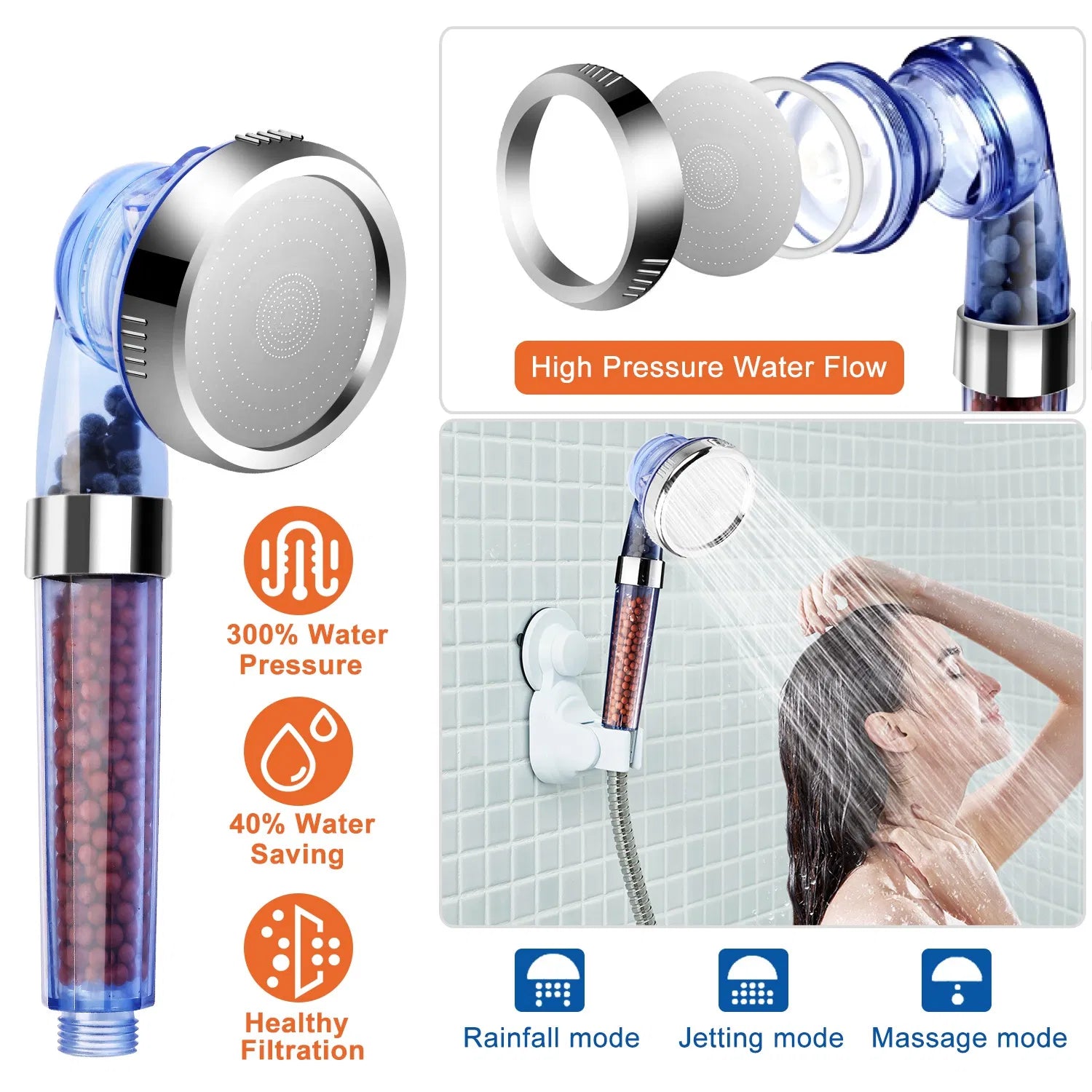 High Pressure Ionic Filter Shower Head 3 Mode Handheld