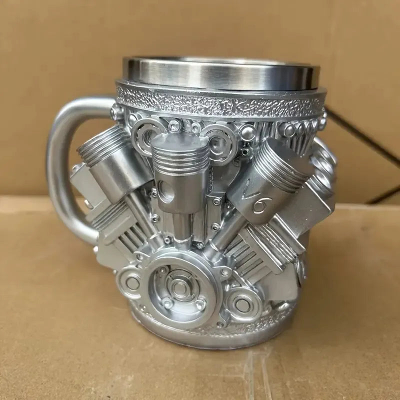 V6 V8 Engine Design Mug Double Wall Insulated Metal Cup