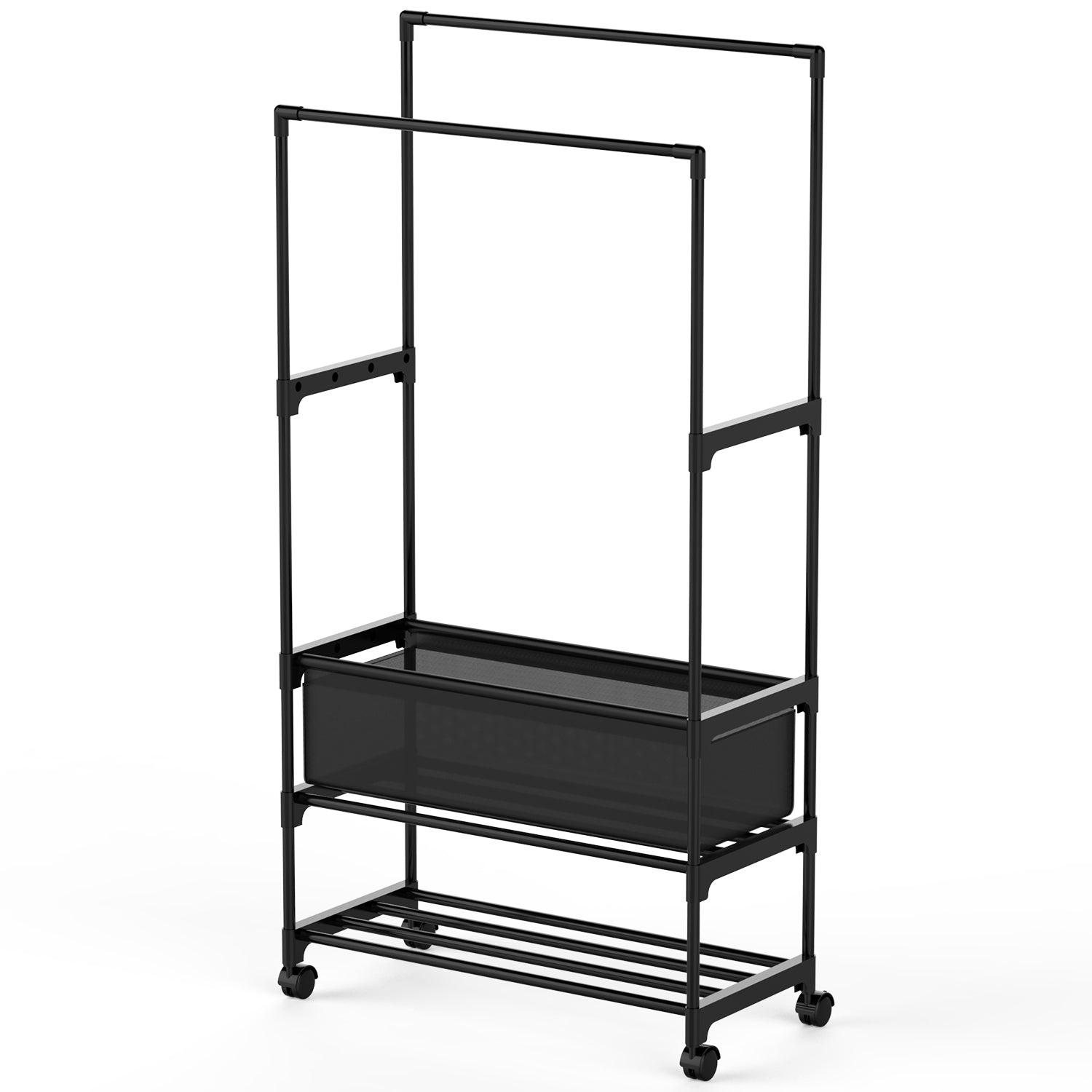 Adjustable Double Rod Garment Rack with Shelves & Wheels