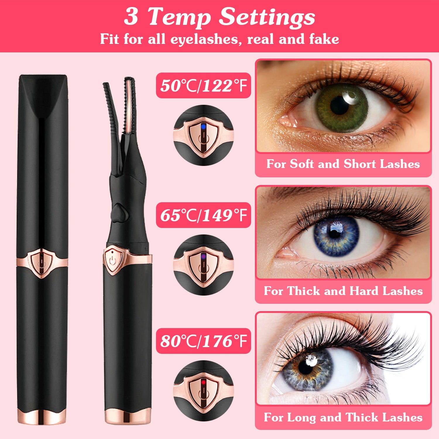 Heated Eyelash Curler with Comb 3 Temp Settings USB Rechargeable