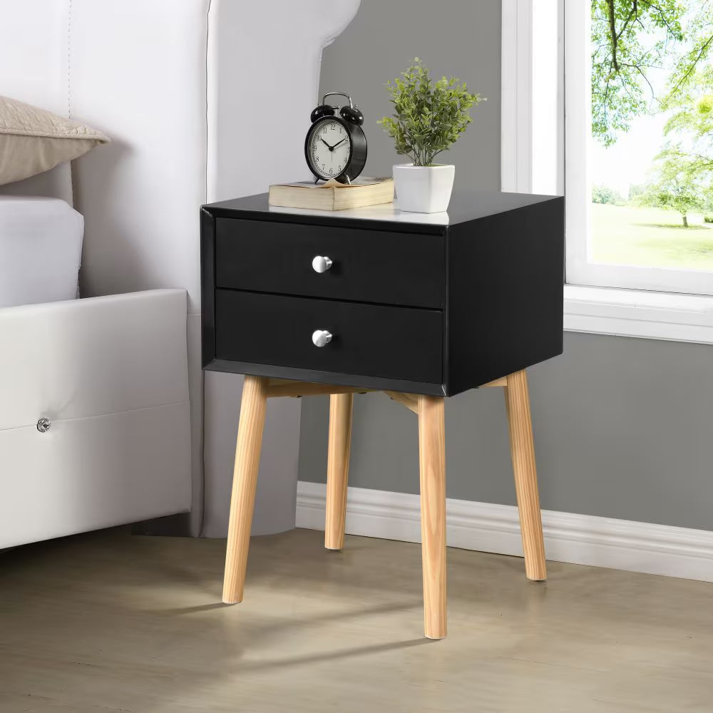 Modern Bedside Table with 2 Drawers & Solid Wood Legs Storage