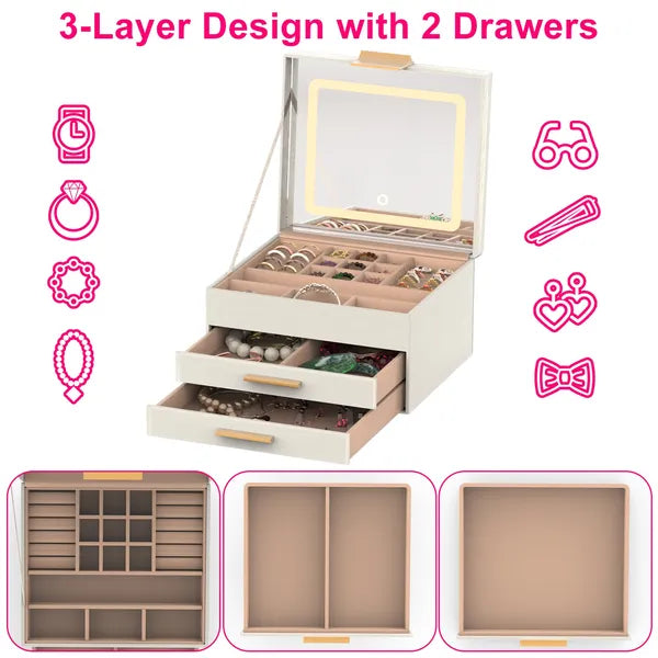 Jewelry Box with LED Mirror and 3 Layer Organizer