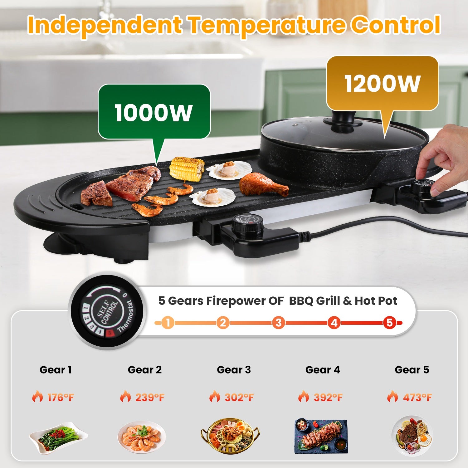 2-in-1 Electric Hot Pot with BBQ Grill 2200W Non-Stick