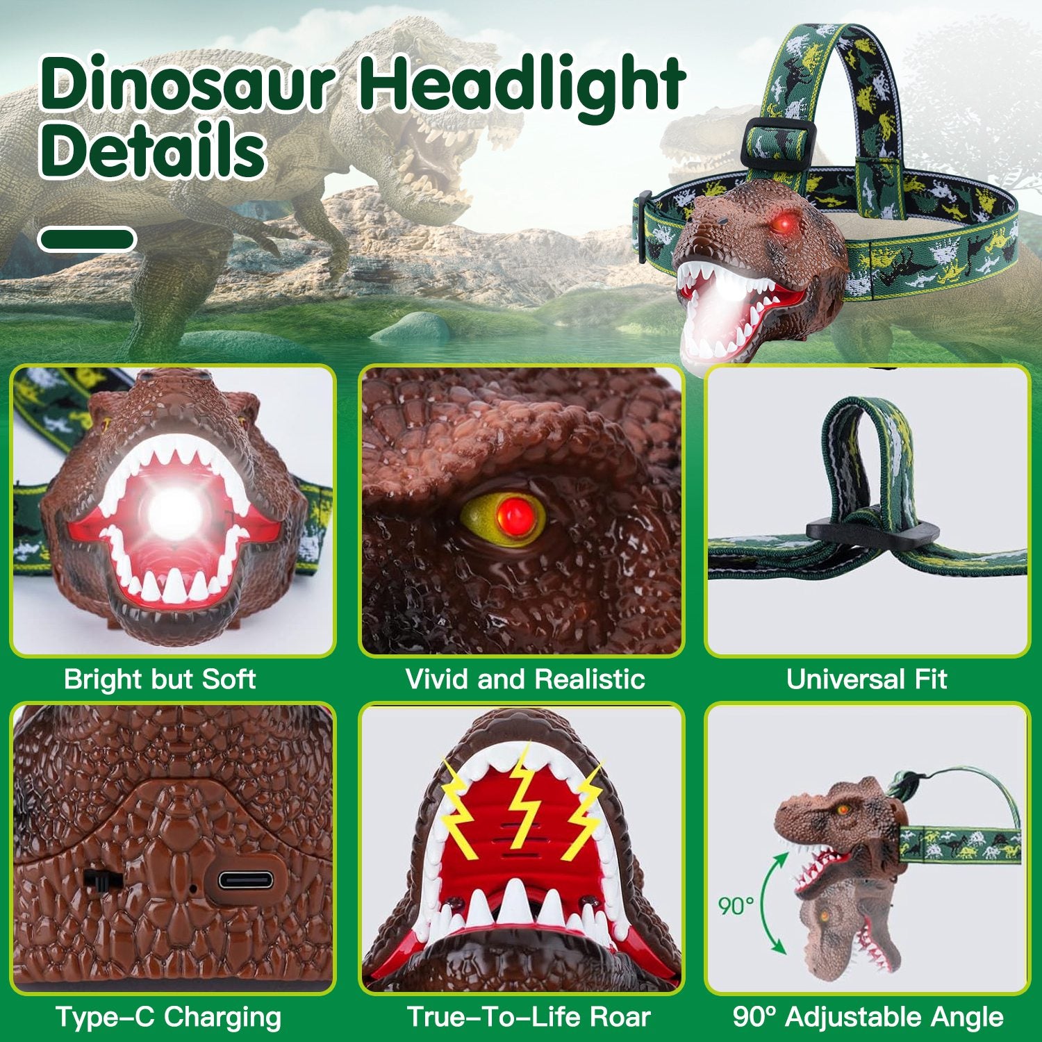 Kids Dinosaur Headlamp LED Flashlight Roar Sound Fun Gift Light