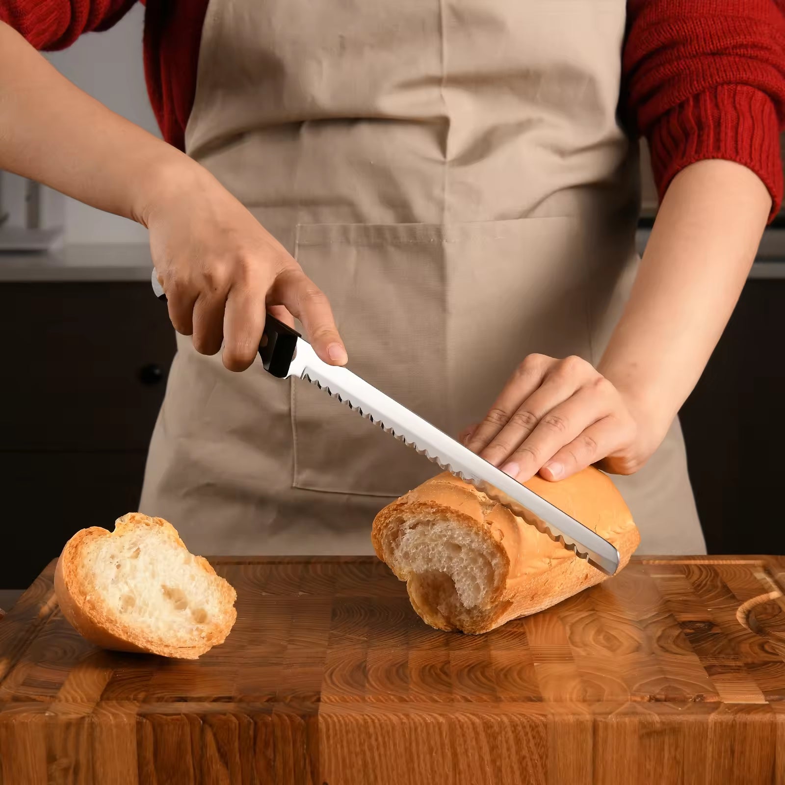 10-Inch Carbon Steel Bread Knife Wooden Handle Serrated Kitchen Tool