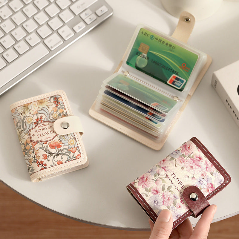 Women Retro Oil Painting Flower Card Holder Large Capacity Wallet