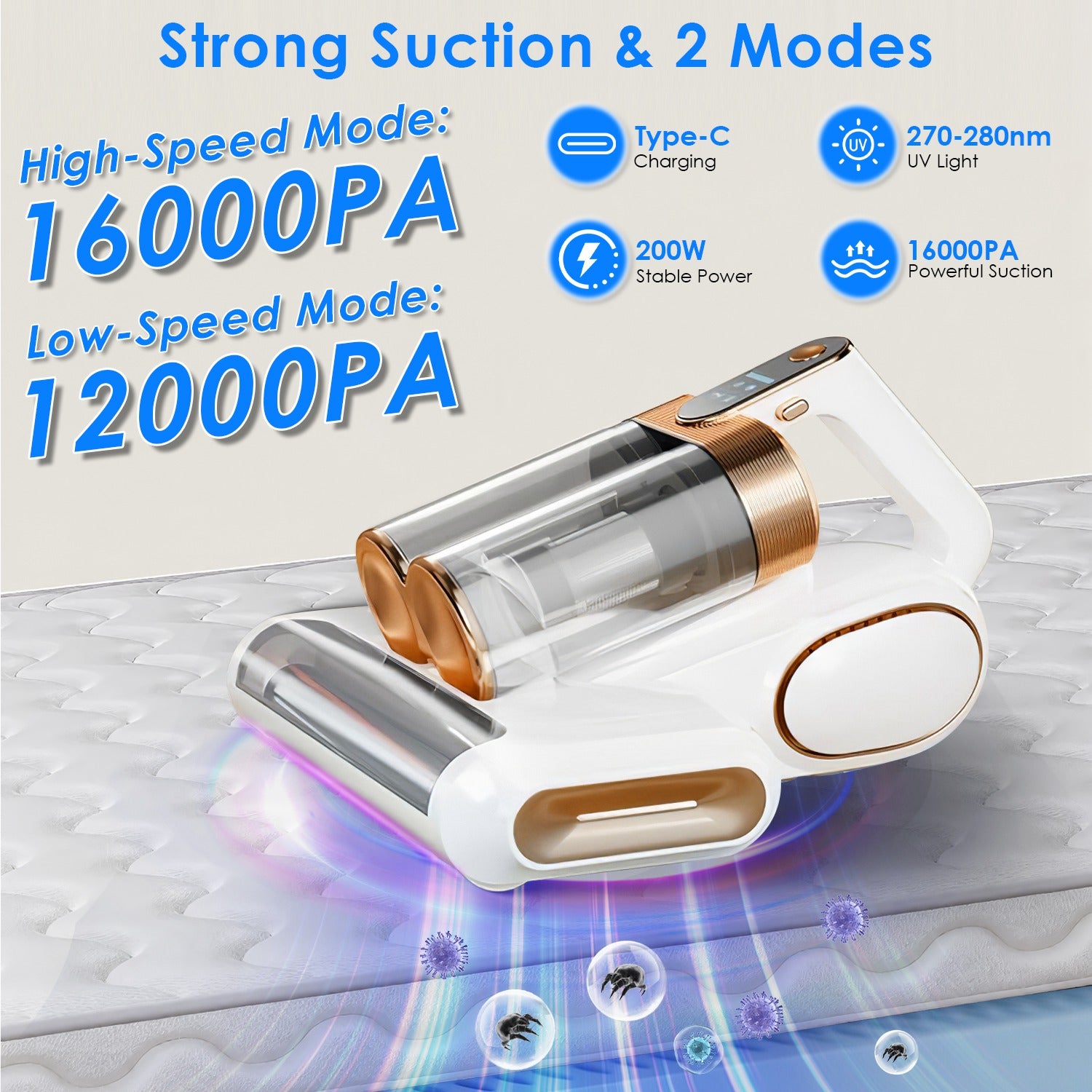 Powerful Mattress Vacuum Cleaner with UVC &amp; Ultrasonic Technology