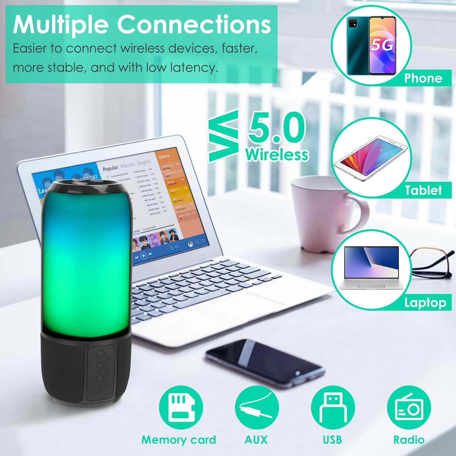 Wireless Portable Speaker Loud Stereo with Color Lights Radio