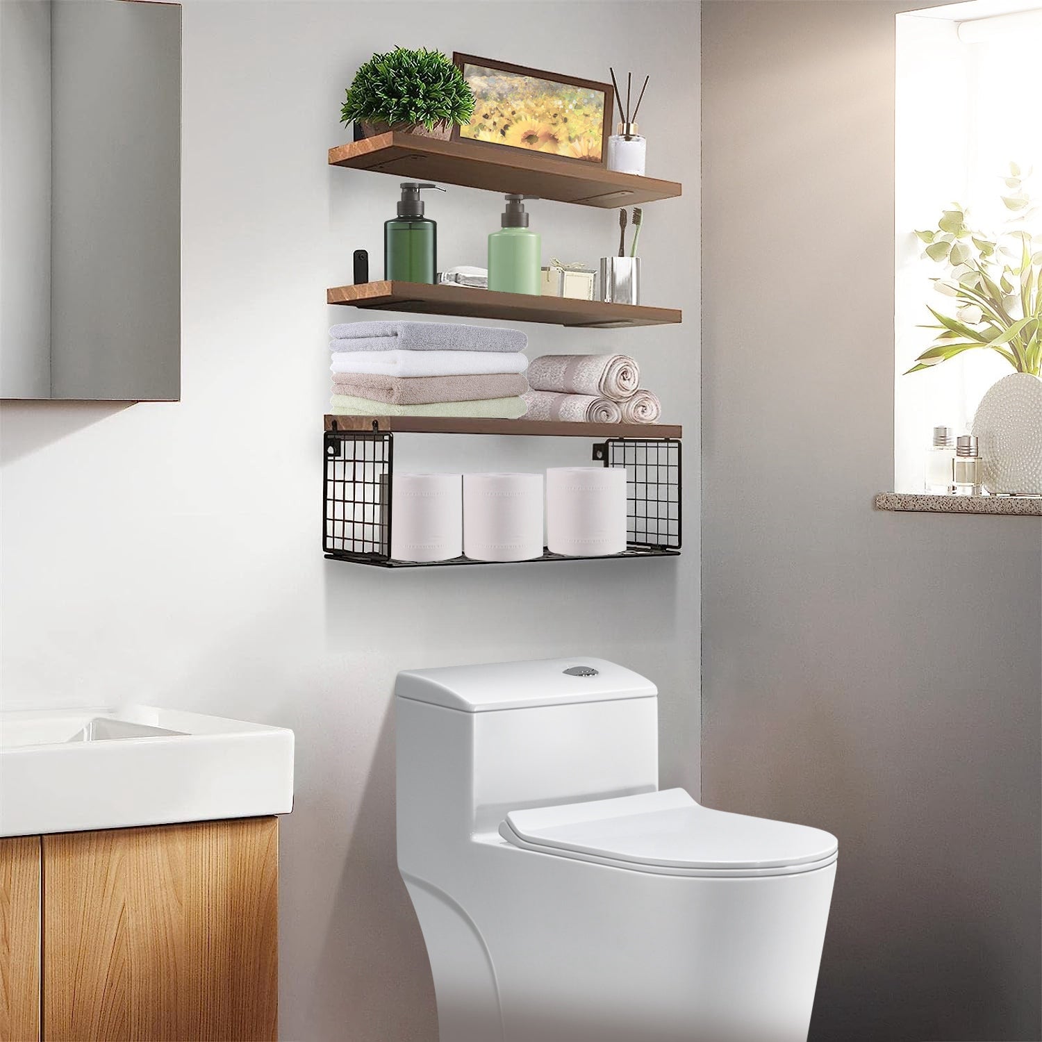 2-in-1 Rustic Floating Shelves with Storage Basket Wall Mounted
