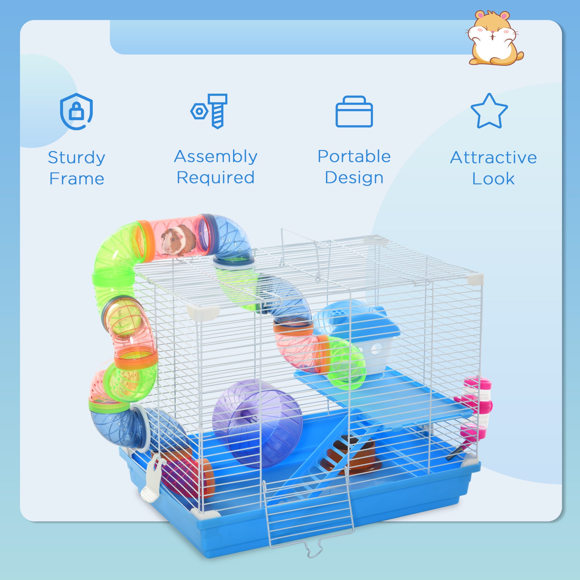 2-Level Hamster Cage with Exercise Wheel & Play Tubes – Small Animal Habitat for Rodents