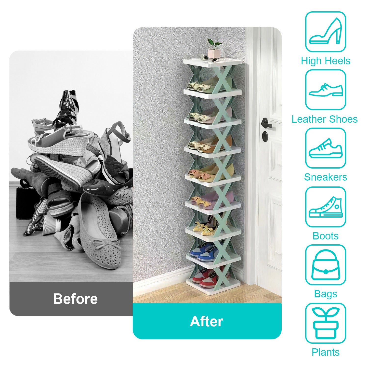 9 Tier Narrow Shoe Rack Vertical Space Saving Organizer