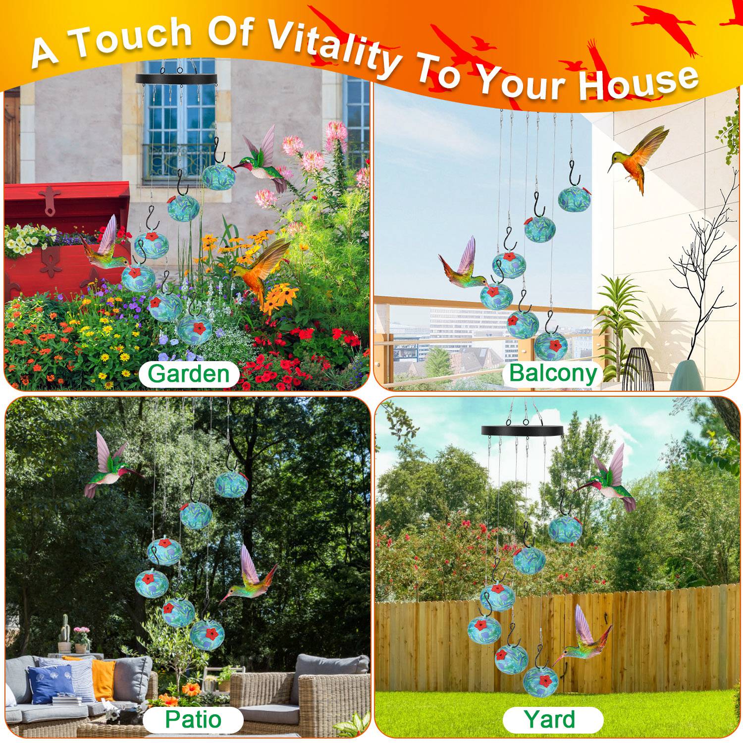 Hummingbird Feeder Wind Chimes Hanging Outdoor Garden Decor