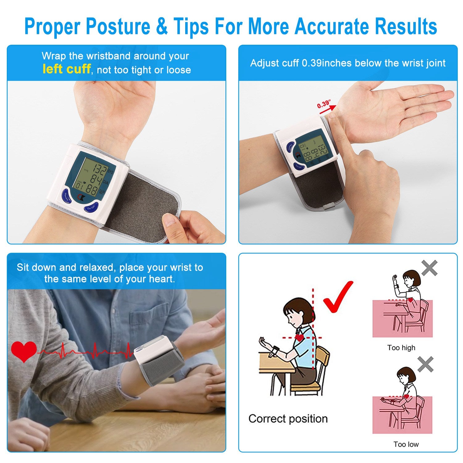 Wrist Blood Pressure Monitor Digital LCD Heart Rate Tester