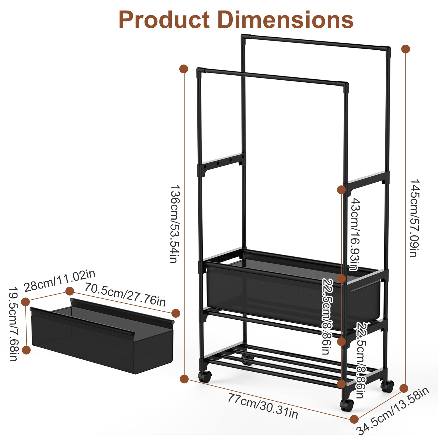 Adjustable Double Rod Garment Rack with Shelves & Wheels