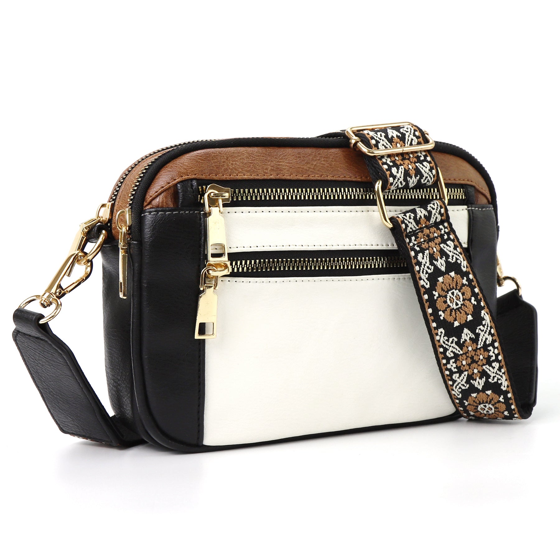 Triple Zipper Shoulder Bag Colorblock Crossbody with Floral Strap for Women
