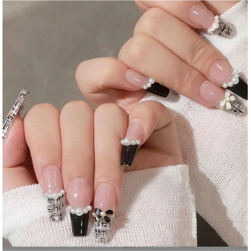 24PCS Black and White CC Long Square Press On Fake Nails