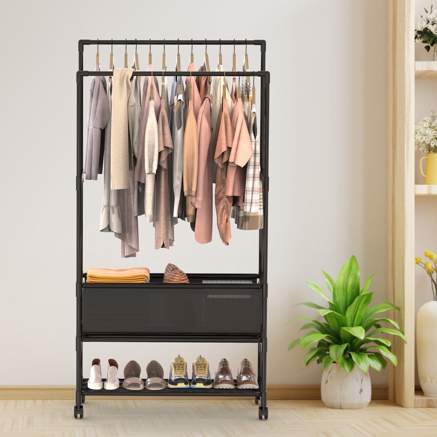 Adjustable Double Rod Garment Rack with Shelves & Wheels