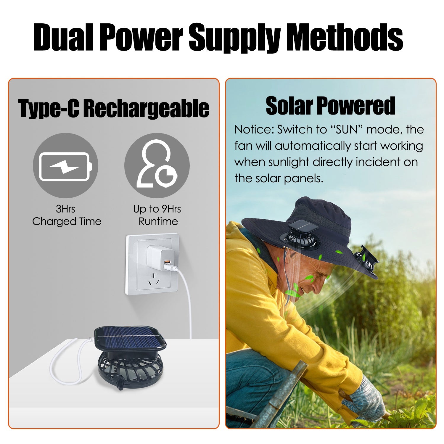 Outdoor Wide Brim Sun Hat with Solar Fans UPF50 Cooling Hat