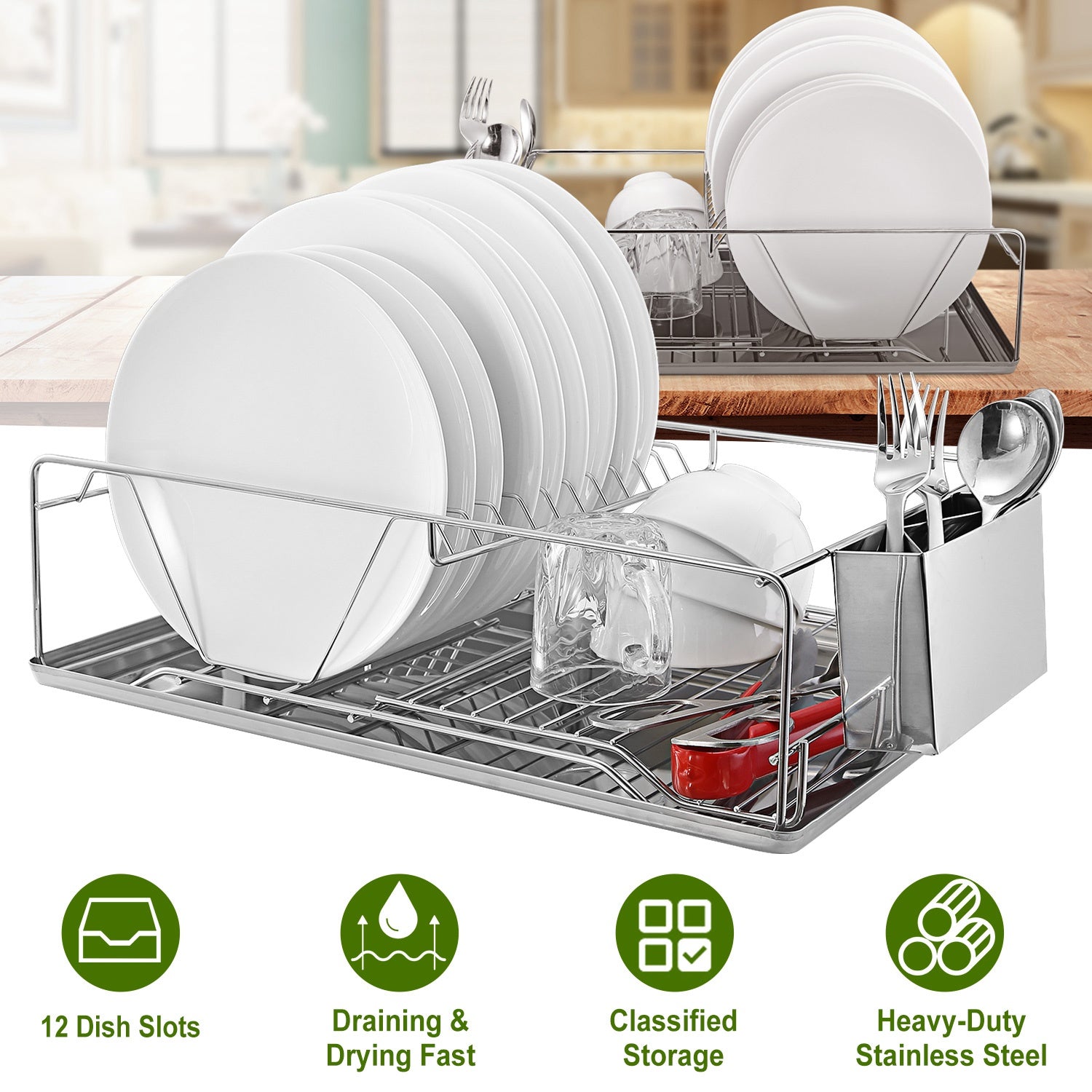Stainless Steel Dish Drying Rack with Drainboard Cutlery Holder