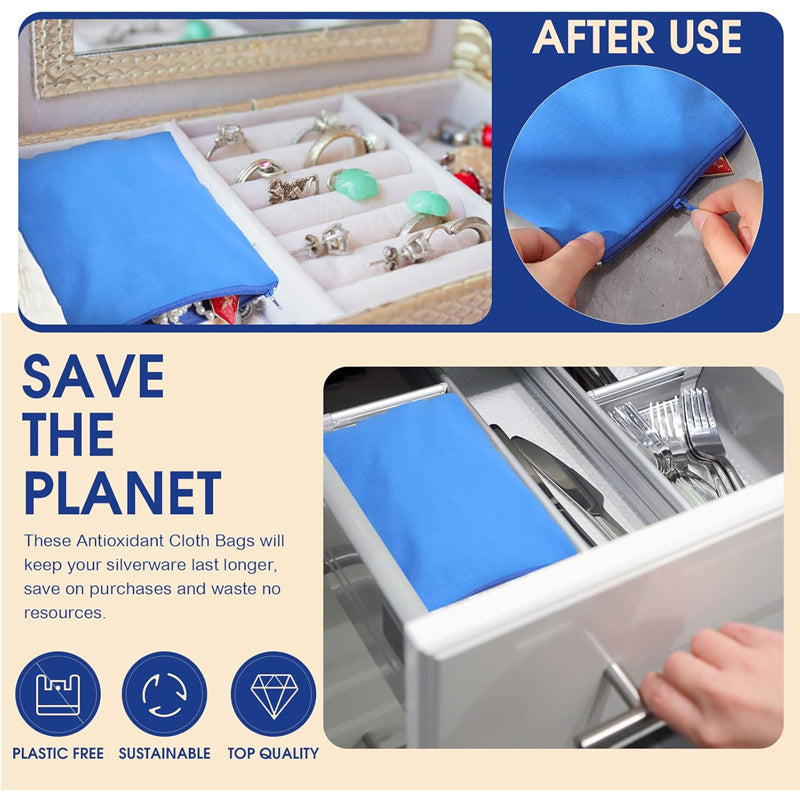 8Pcs Anti Tarnish Silver Storage Bags Velvet Zipper Jewelry Pouch