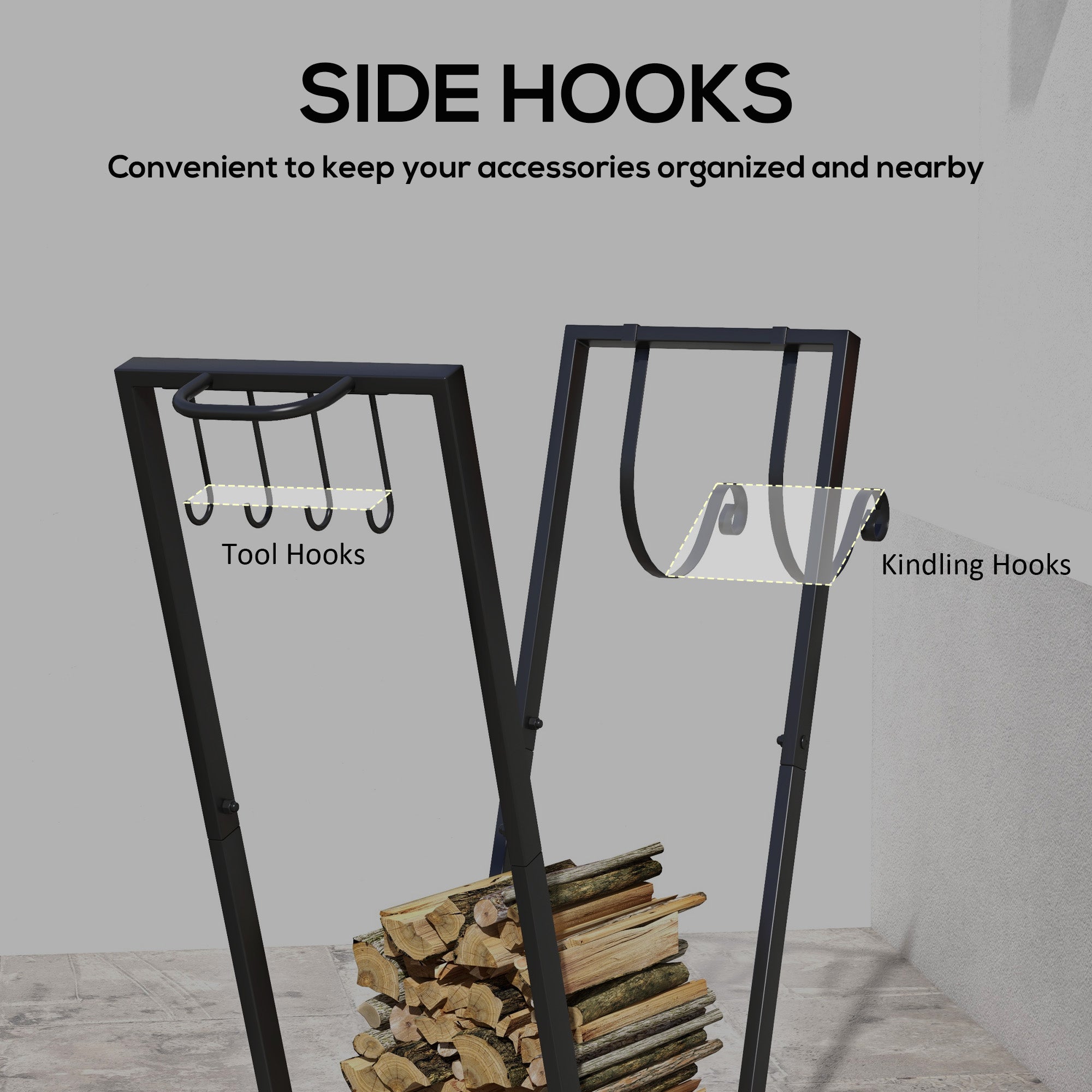 Firewood Rack with Wheels Metal Log Holder with Hooks