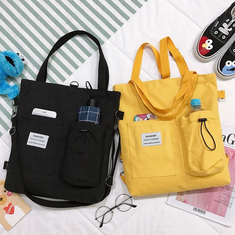 Canvas Student Shoulder Bag with Pockets Preppy Backpack Style School Bag for Women