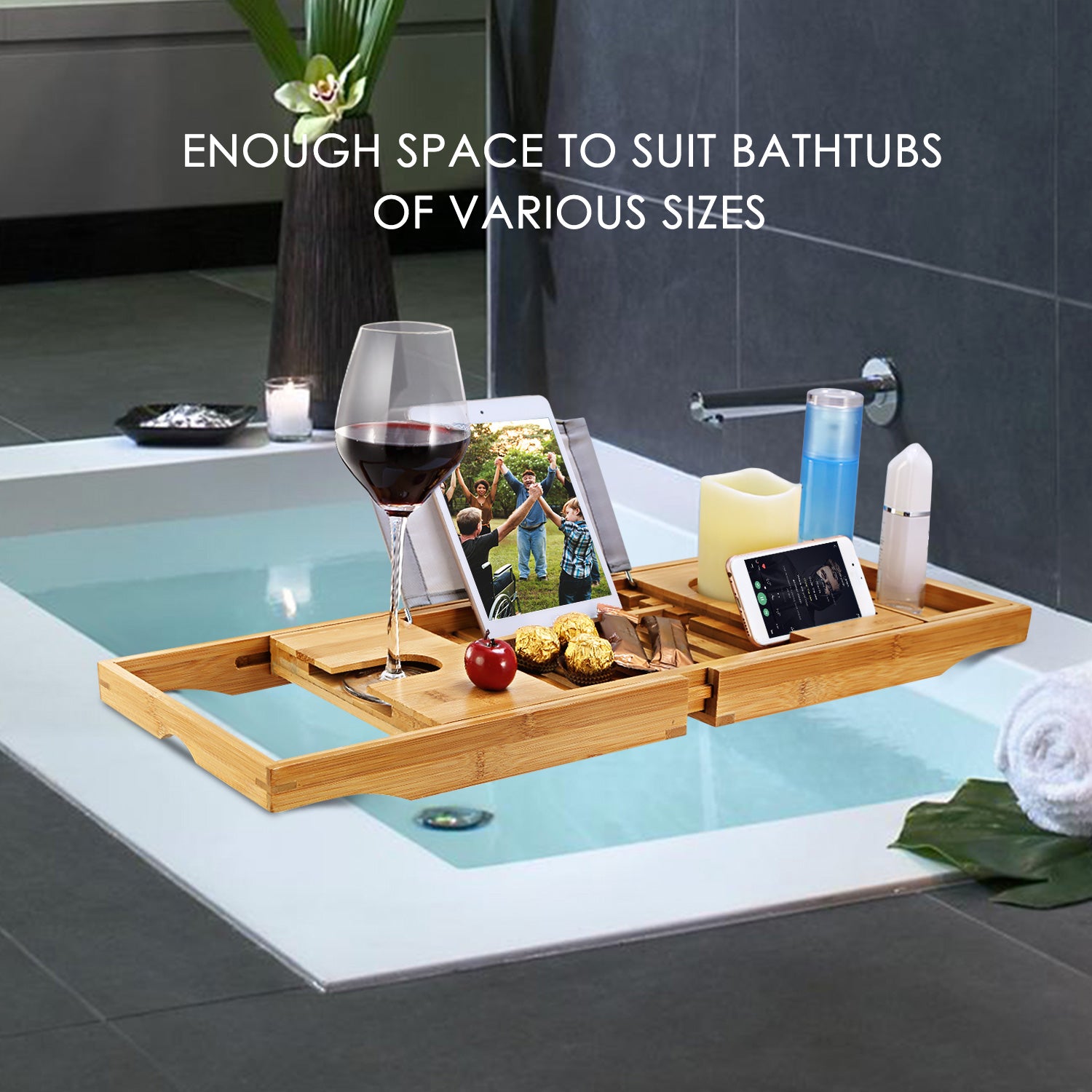 Extendable Bamboo Bathtub Caddy Tray with Phone Wine Holder Rack