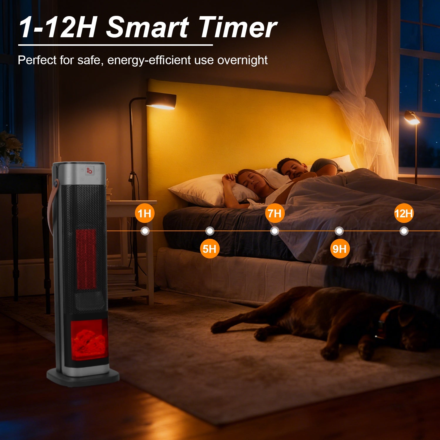 1500W Oscillating Tower Space Heater with Flame Remote Control