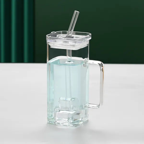 Square Glass Cup with Lid and Straw Modern Drinkware