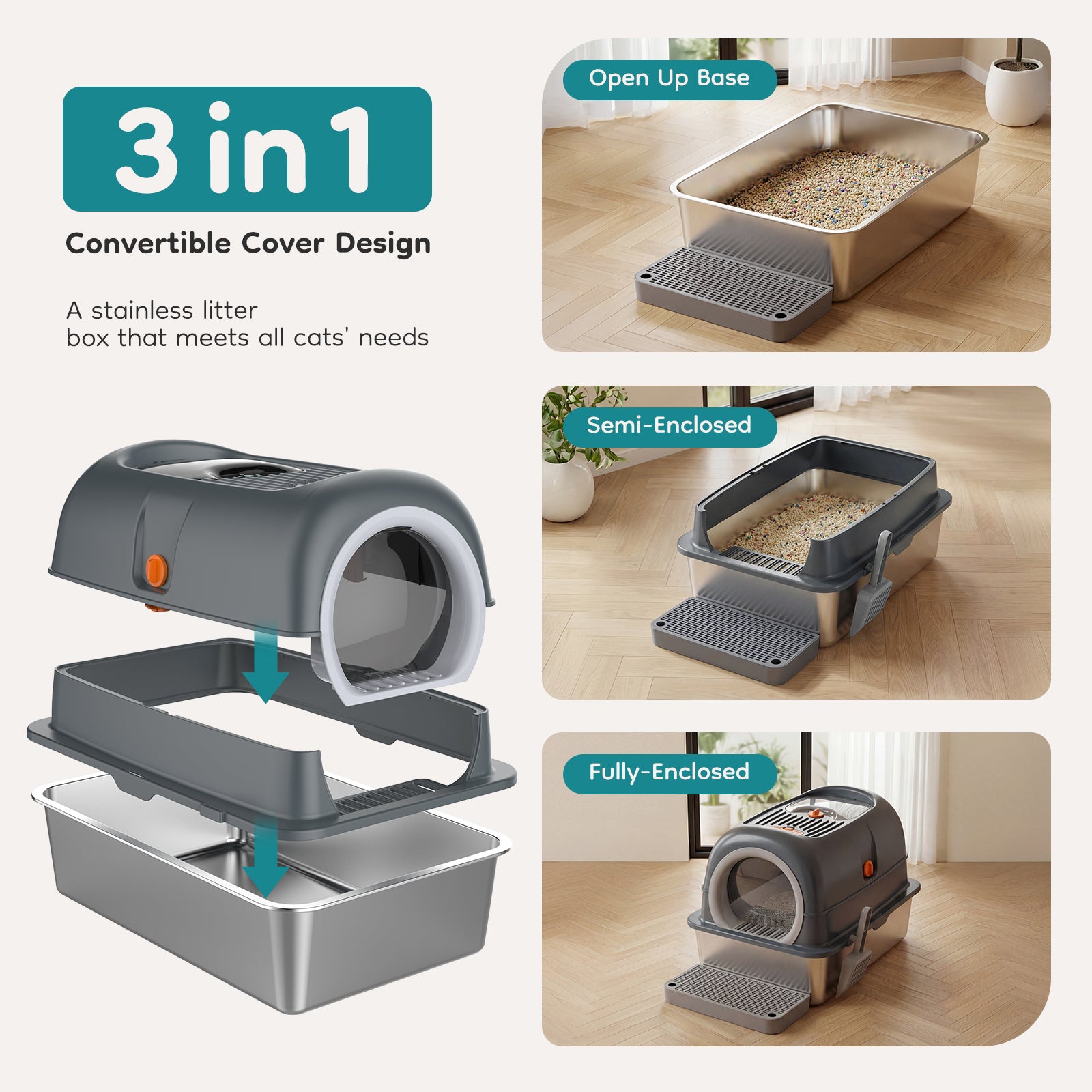 Double-Entry Convertible Cat Litter Box – Covered & Open Top Cat Toilet with Odor Control