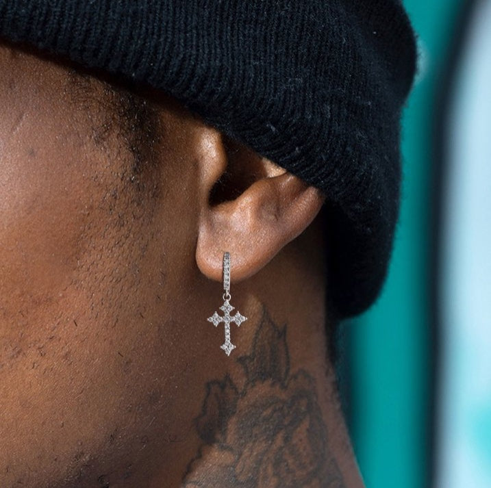Luxury Zircon Cross Dangle Hoop Earrings for Men Stylish