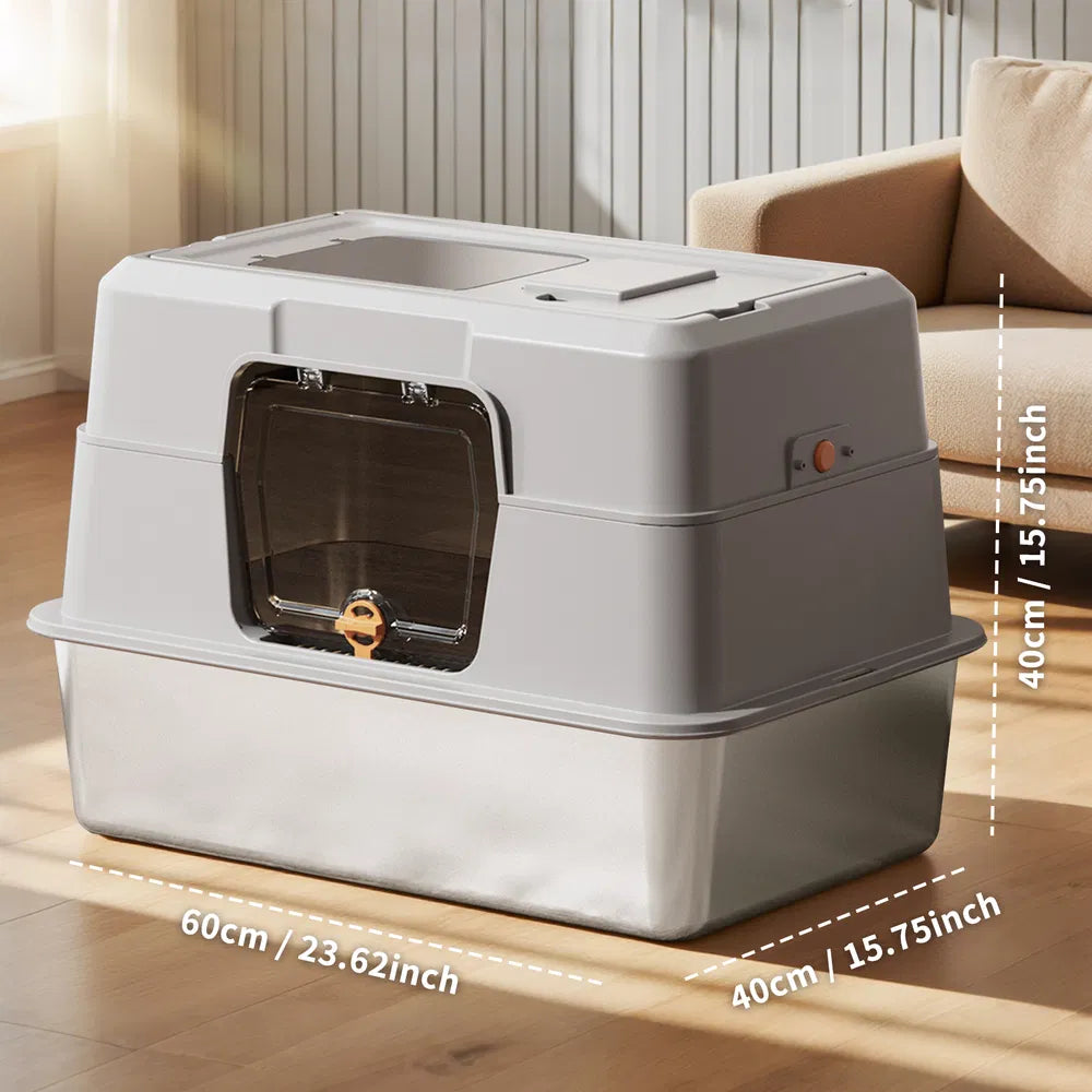 Fully Enclosed Stainless Steel Cat Litter Box, Odor-Proof, Anti-Splash, Spacious For Large Cats
