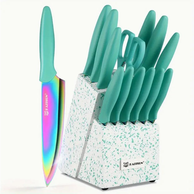 14 Piece Rainbow Knife Set Titanium Coated Stainless Steel with Stand