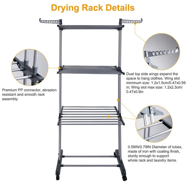 3-Tier Rolling Clothes Drying Rack Foldable Laundry Stand