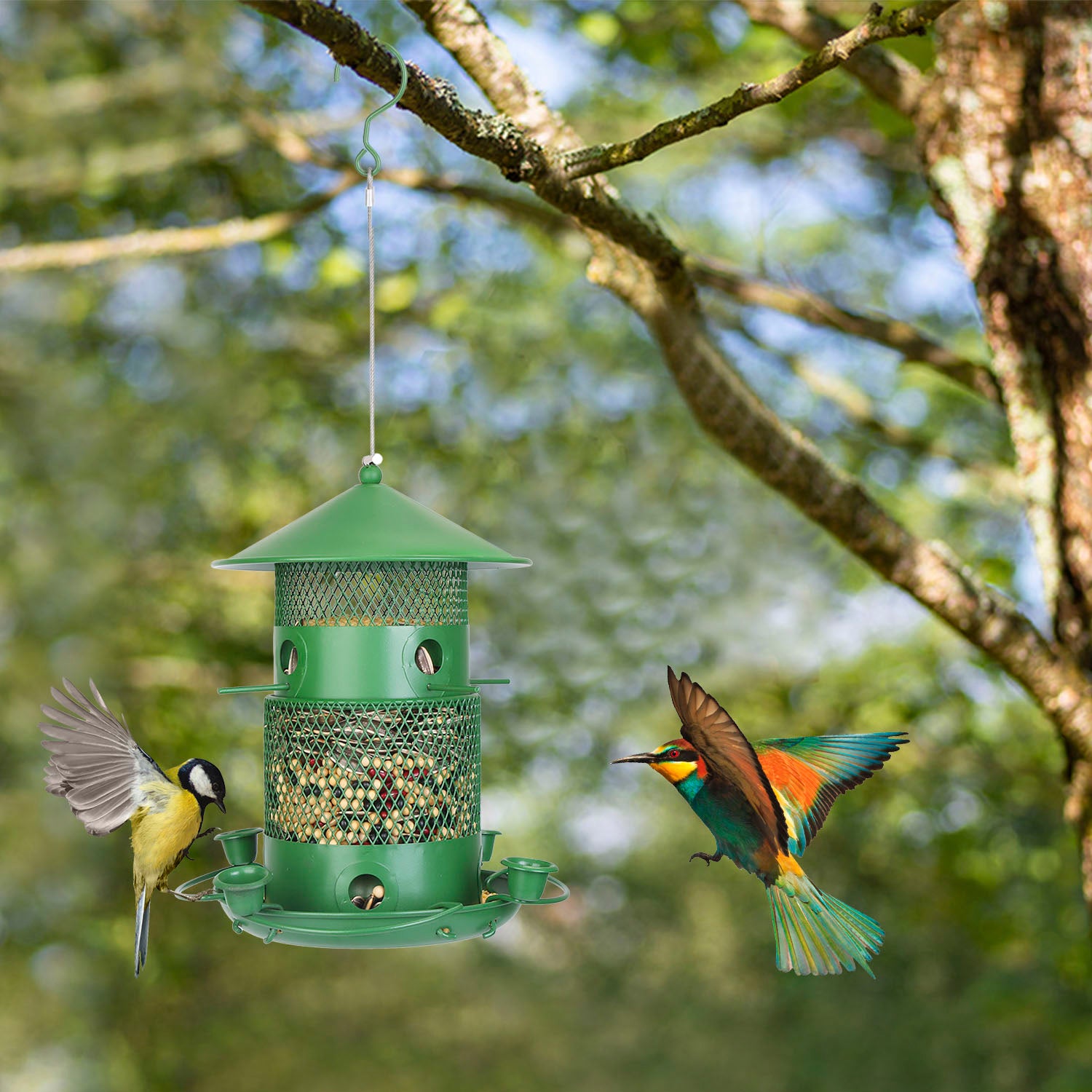Large Squirrel Proof Hanging Bird Feeder Metal 6 Perch Garden
