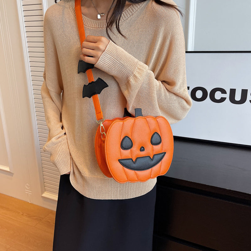 Halloween Pumpkin Cartoon Crossbody Bag with Bat Fun Shoulder Bag for Women