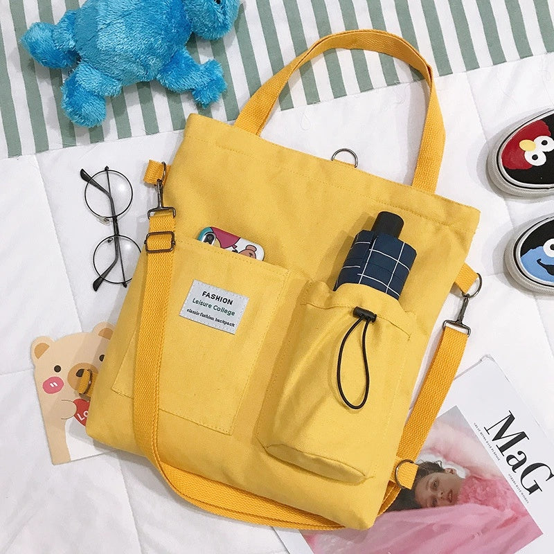 Canvas Student Shoulder Bag with Pockets Preppy Backpack Style School Bag for Women