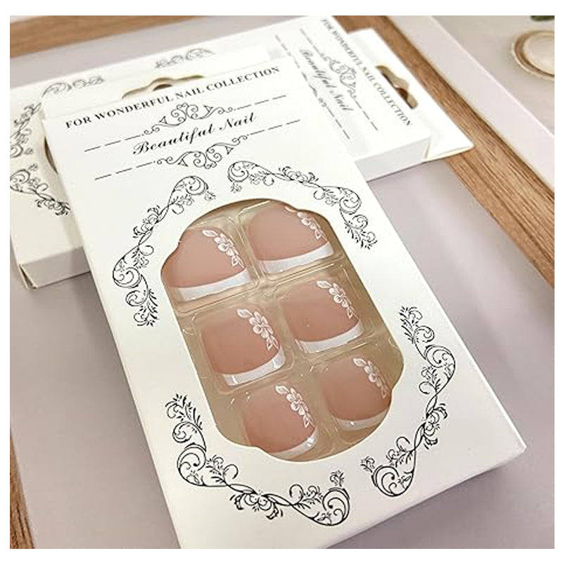 24PCS White Flower French Tip Press On Toenails for Women