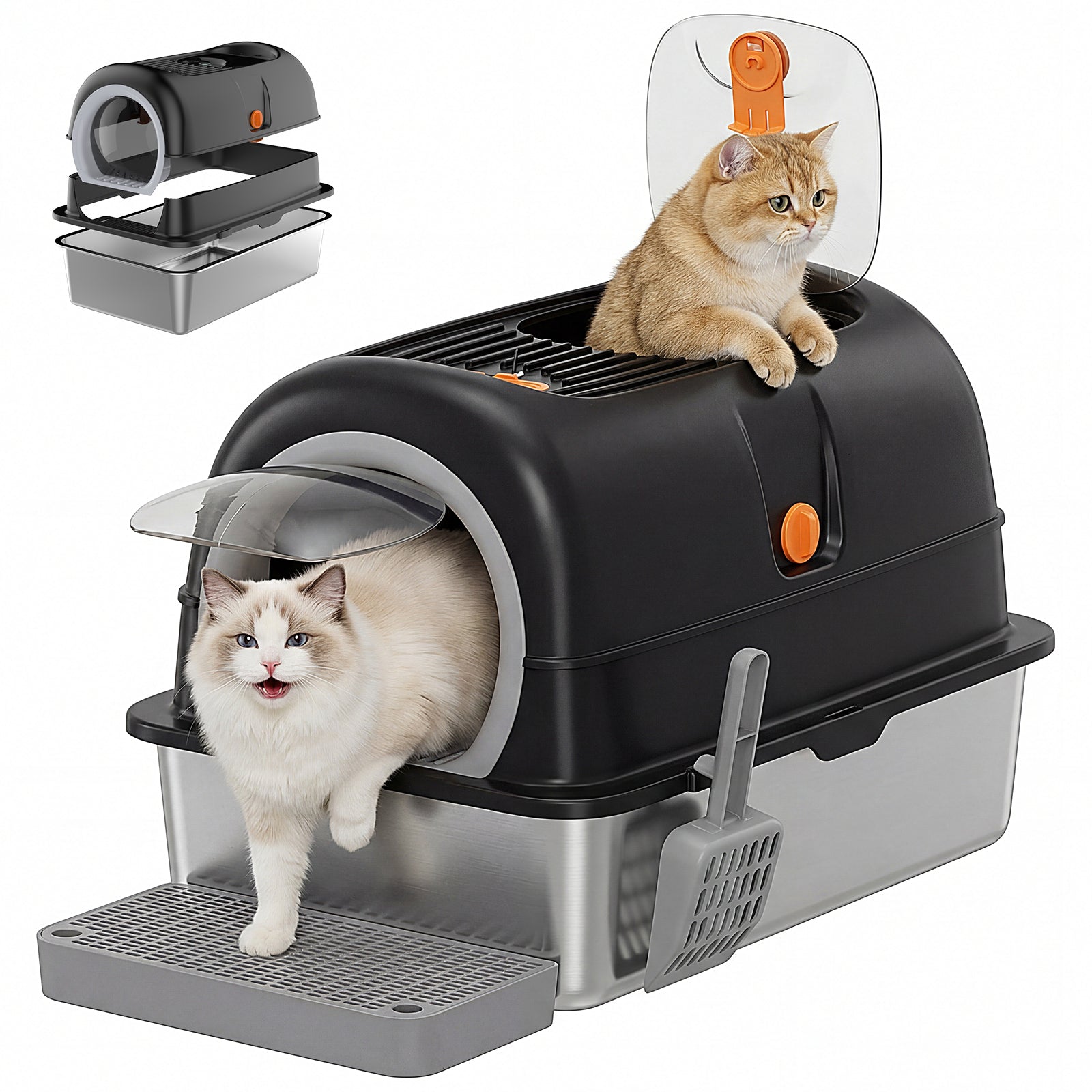 Double-Entry Convertible Cat Litter Box – Covered & Open Top Cat Toilet with Odor Control