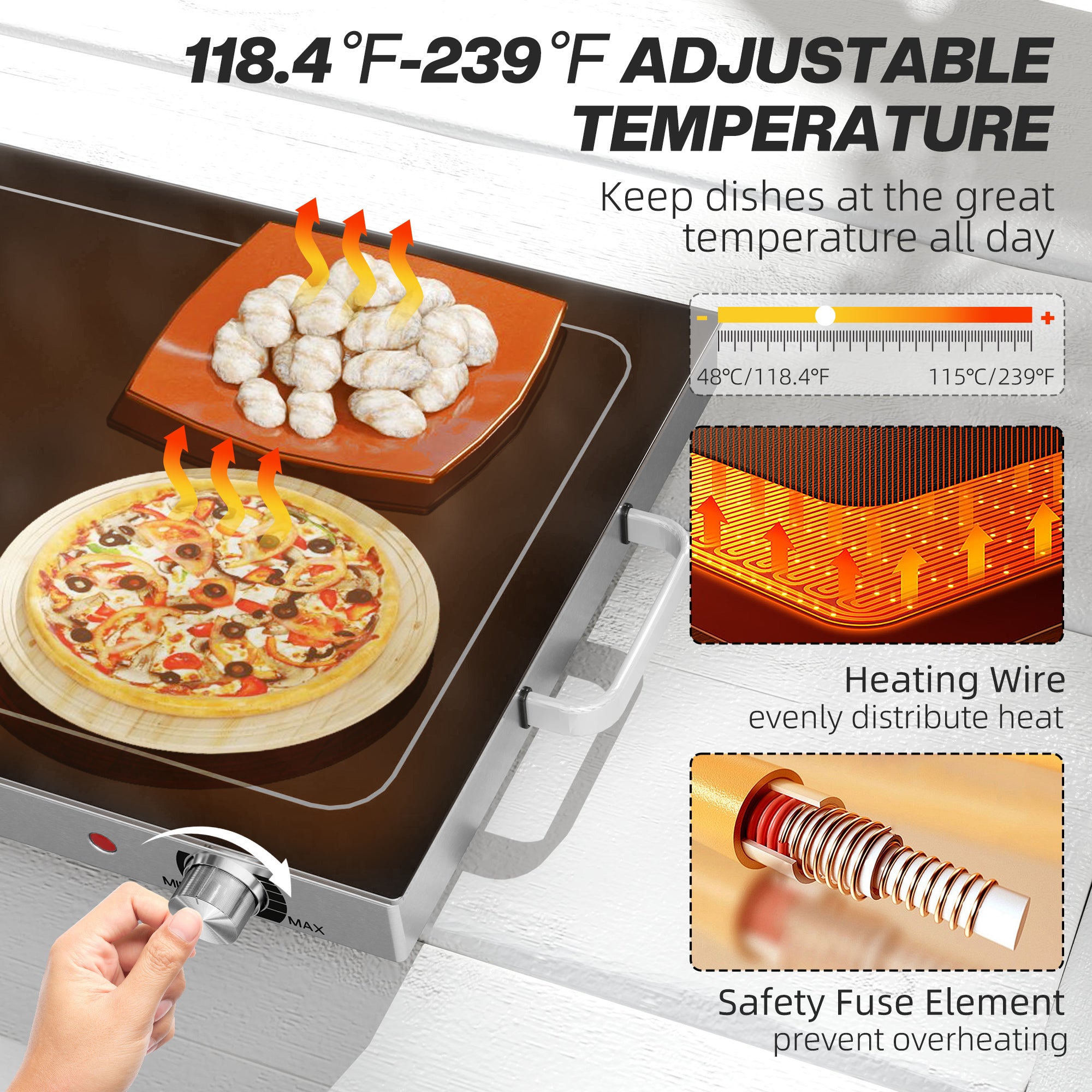 Premium Electric Food Warmer Tray Adjustable Temperature