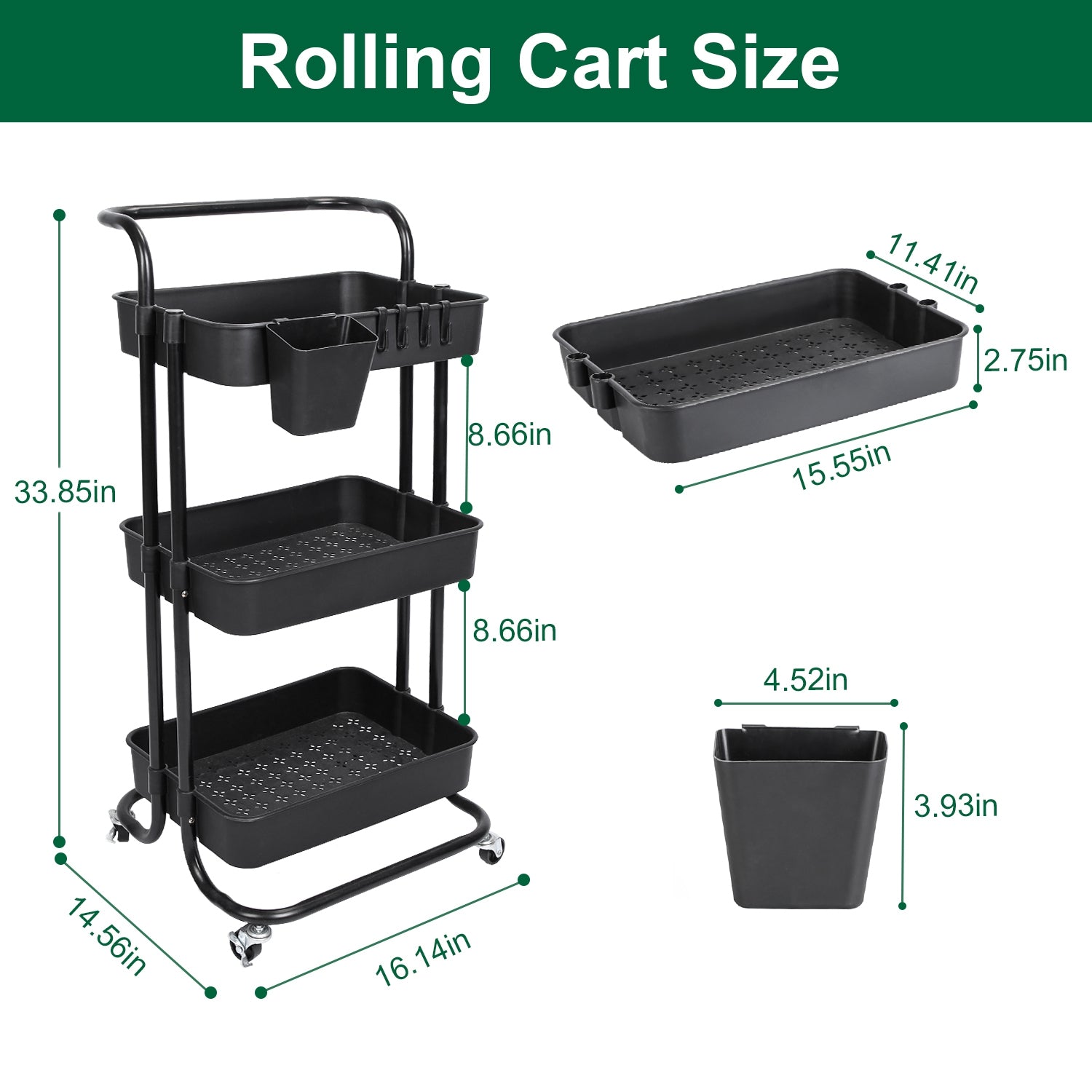 3 Tier Rolling Utility Cart with Mesh Baskets