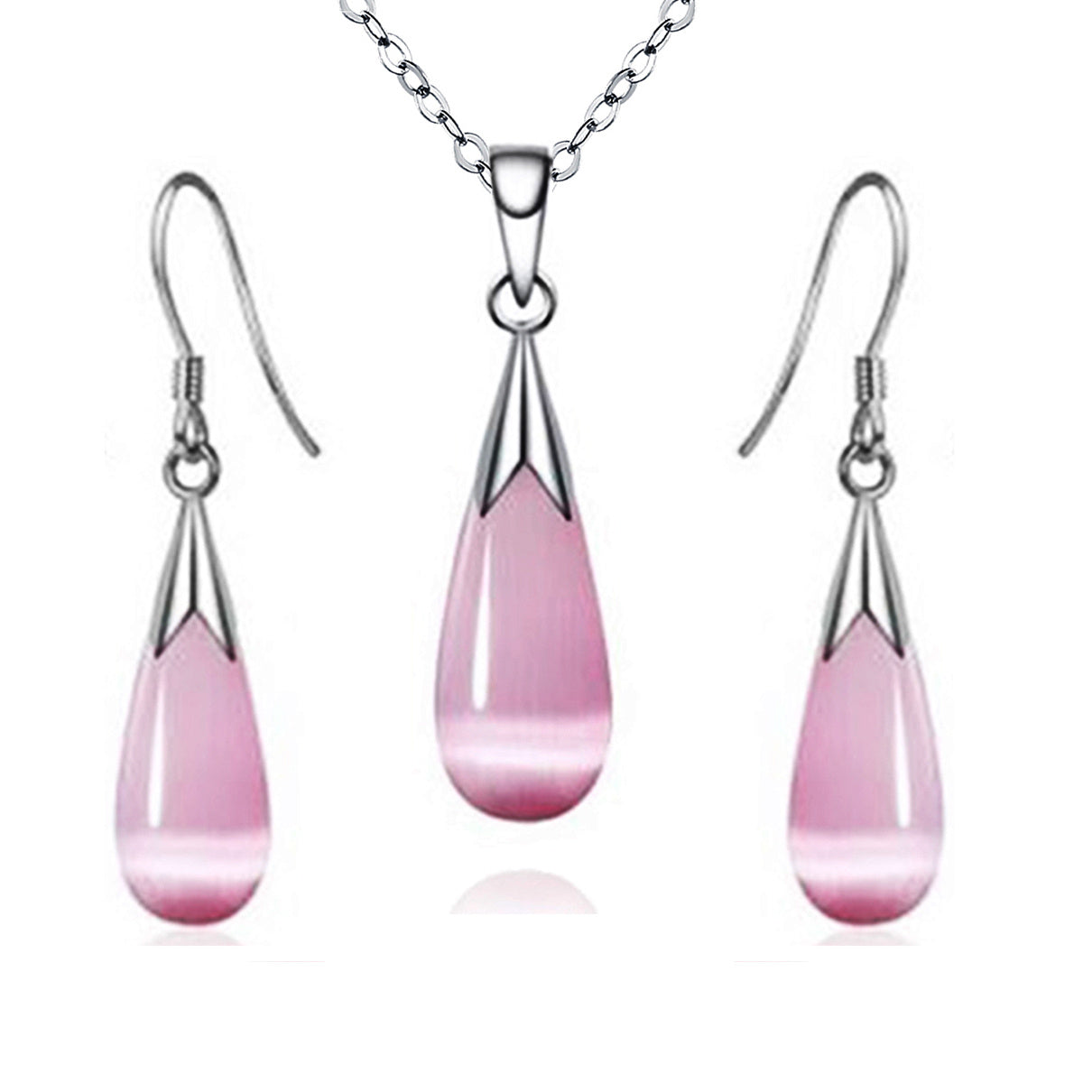 Luxury Moonstone Jewelry Set 14K White Gold Pendant Earrings